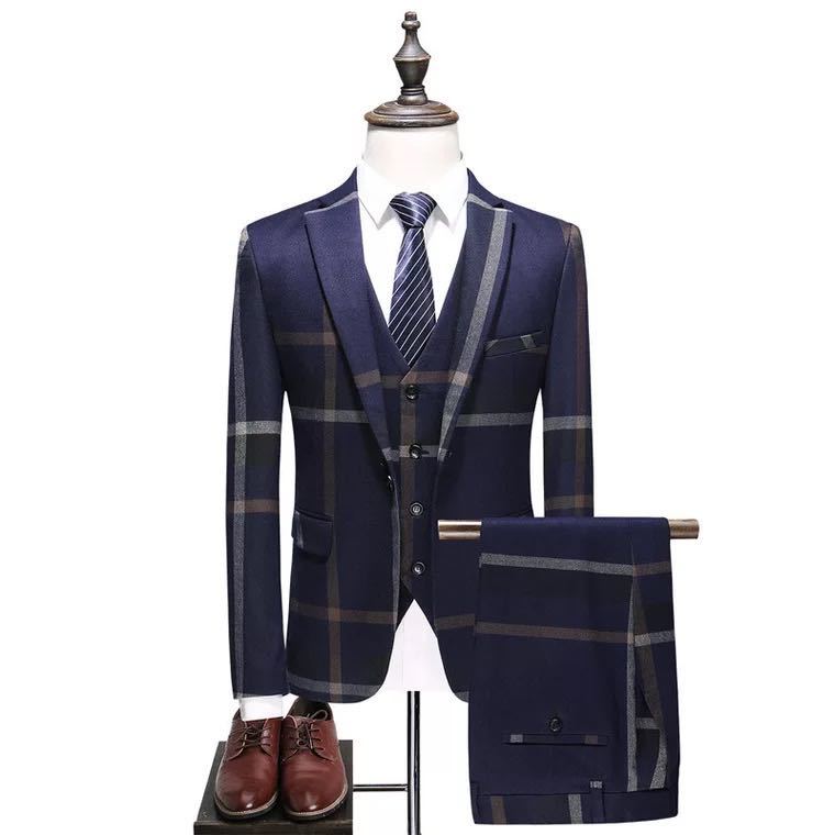  new work gentleman men's suit set 3 point setup thin outer garment the best trousers blue ( blue )chi eko pattern single musical performance . party presentation chairmanship 