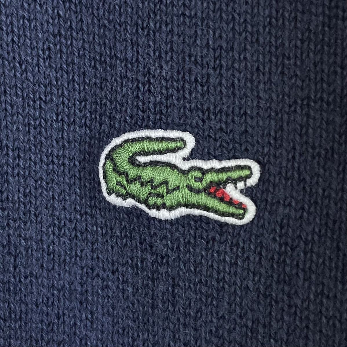 【大人気・定番】LACOSTE ラコステ ワンポイント ワニ チェック切替 クルーネック コットンニット セーター ネイビー サイズ4 古着