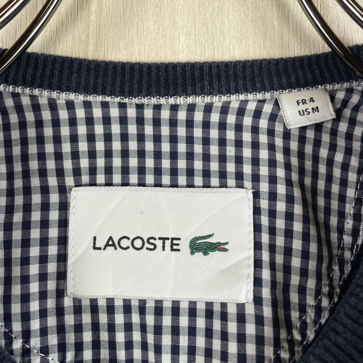 【大人気・定番】LACOSTE ラコステ ワンポイント ワニ チェック切替 クルーネック コットンニット セーター ネイビー サイズ4 古着_画像9