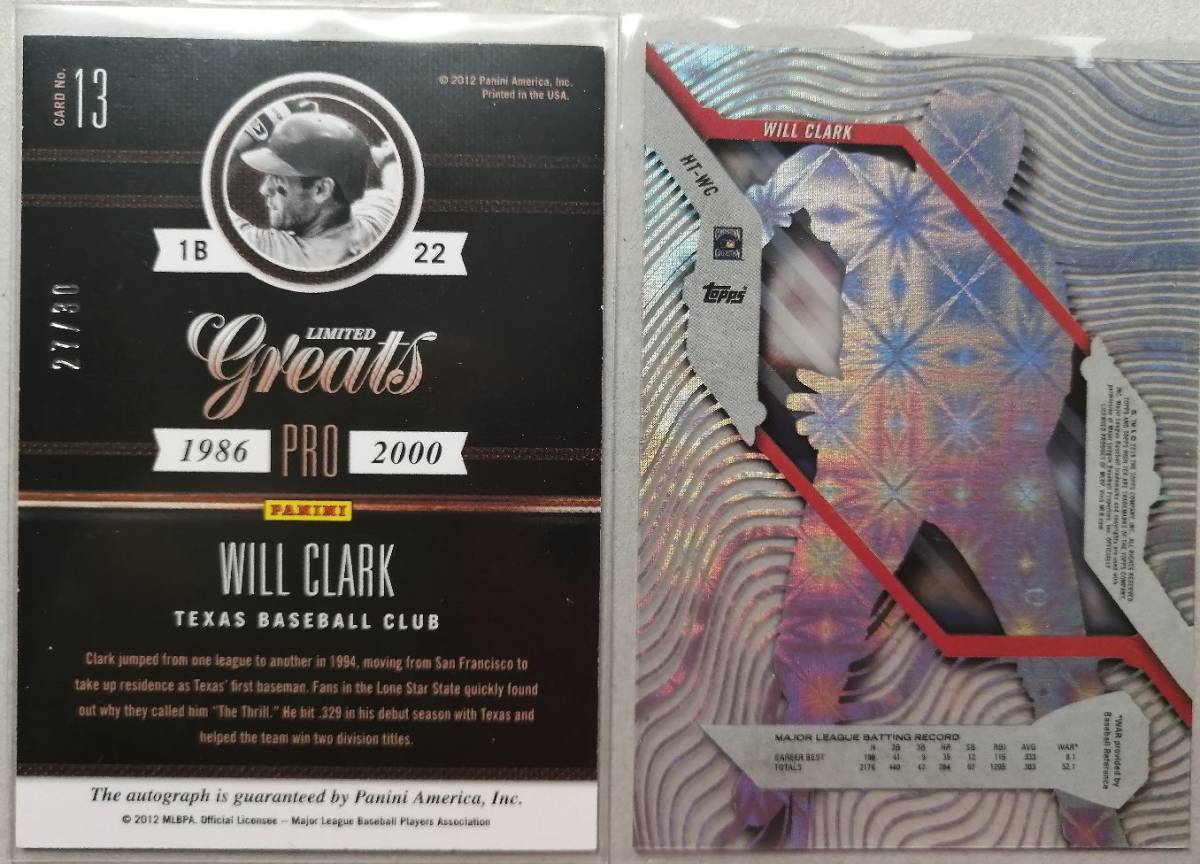 ３枚セット Will Clark TEX 2011 Panini Auto 30枚限定 + t2018 Topps High Tek 含む三枚セット Autographs upperdeck_画像2