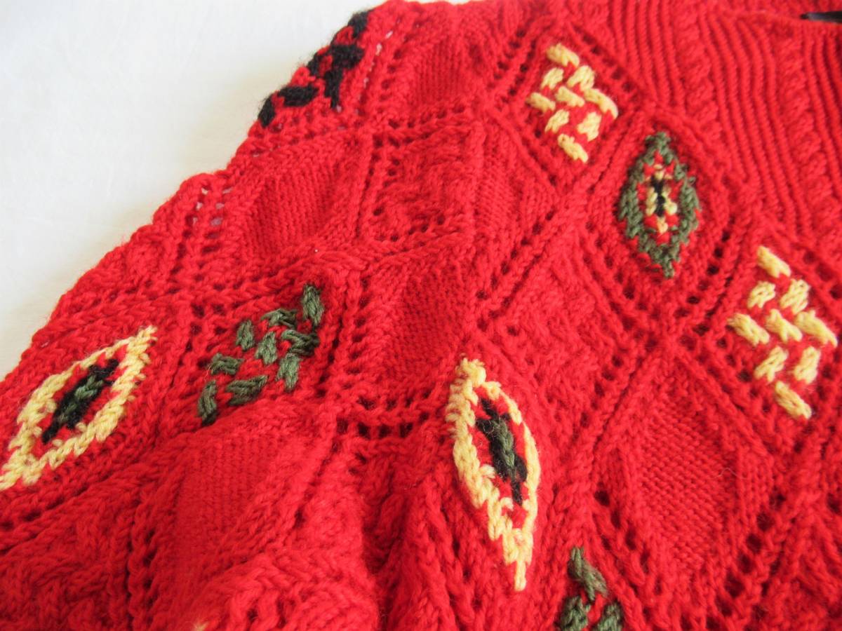 ハンドメイド【手編み】赤色系 透かし編み 柄入り 長袖 セーター ニット　毛糸_画像7