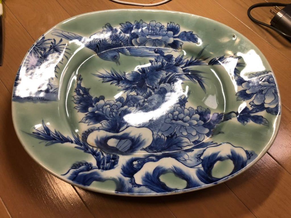 古伊万里 青磁 皿 横皿 江戸期 花鳥の図 在銘 aca-is.com