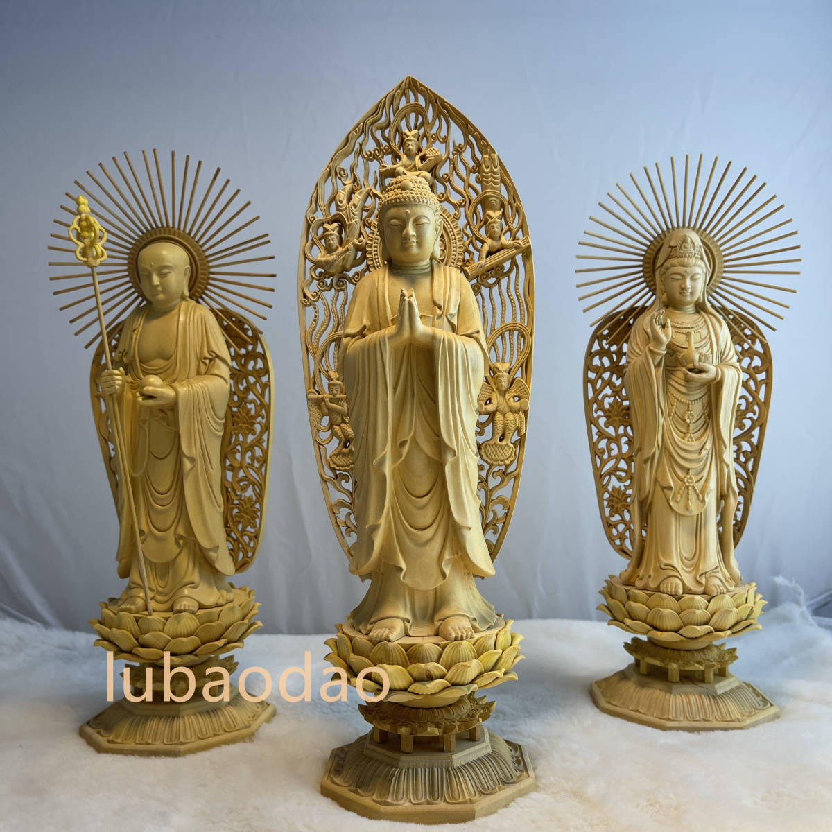 娑婆三聖 地蔵菩薩 阿弥陀如来 観音菩薩 一式 木彫仏像 供養品 仏教