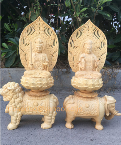 極上品 文殊菩薩 普賢菩薩 一式 木彫仏像 供養品 仏教工芸品 商売繁盛 
