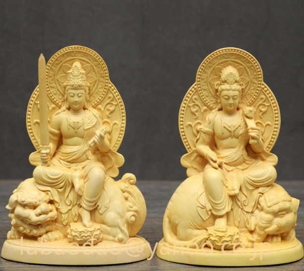 仏像 木彫 供養品 文殊菩薩 普賢菩薩像 仏教美術 極上品 - 美術品