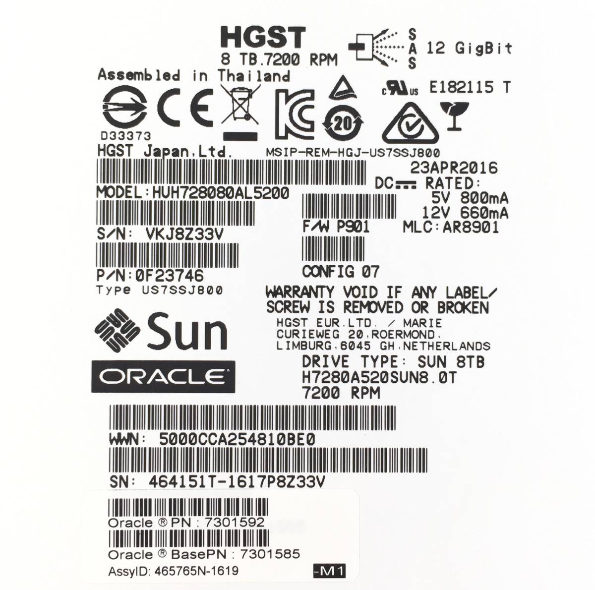 Sun Oracle HGST 8TB 7.2K SAS 3.5" HDD 0F23746 HUH728080AL5200 Hard Drive 