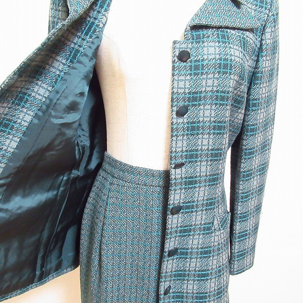 #wnc ジュンアシダ junashida スカートスーツ 7 緑 ツーピース チェック シルク混 レディース [654606]_画像4