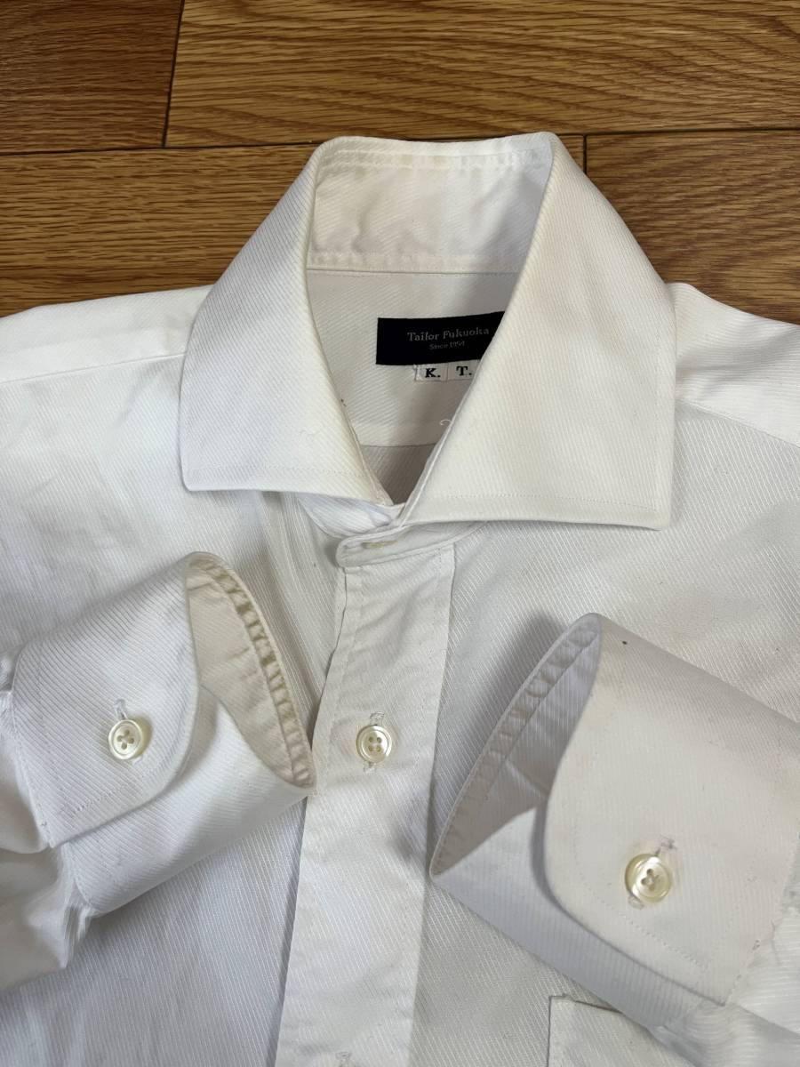紳士 長袖ワイシャツ 白 ワイドカラー 形態安定 細ストライプ オーダー コットン ドレス S ビジネス Yシャツ ホワイト 綿_画像3