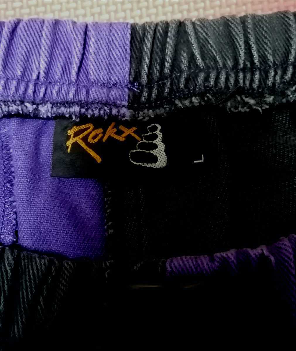 【送料込古着】Rokx クレイジー柄 ハーフパンツ Lサイズ ロックス 五分丈 膝下丈 黒×紫 クライミングパンツ アウトドア クロップドパンツ