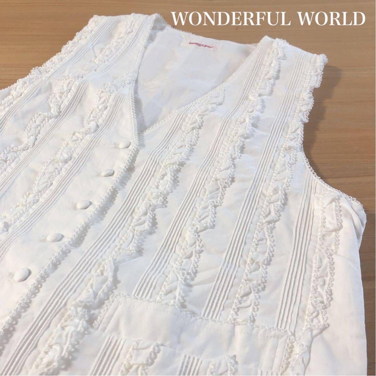 675【未使用品】WONDERFUL WORLD＊カネコイサオ 総ピンタック＆ピコレース ベスト ピンクハウス ジレ レース デッドストック ビンテージ_画像1