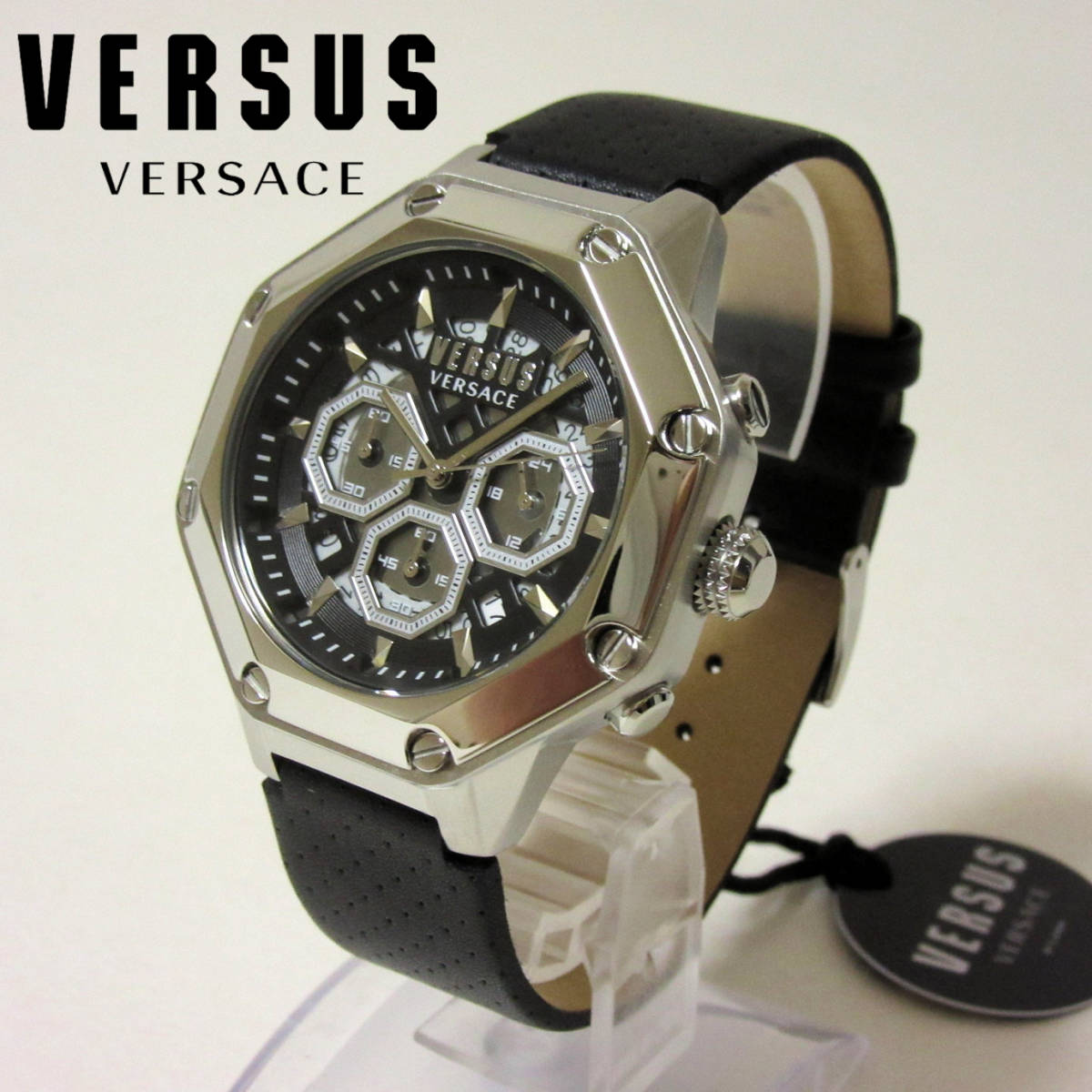 新品箱入 VERSUS VERSACE ヴェルサス ヴェルサーチ オクタベゼル メンズ クロノグラフ 腕時計 ウォッチ シルバー レザーベルト 黒 45mm_画像1