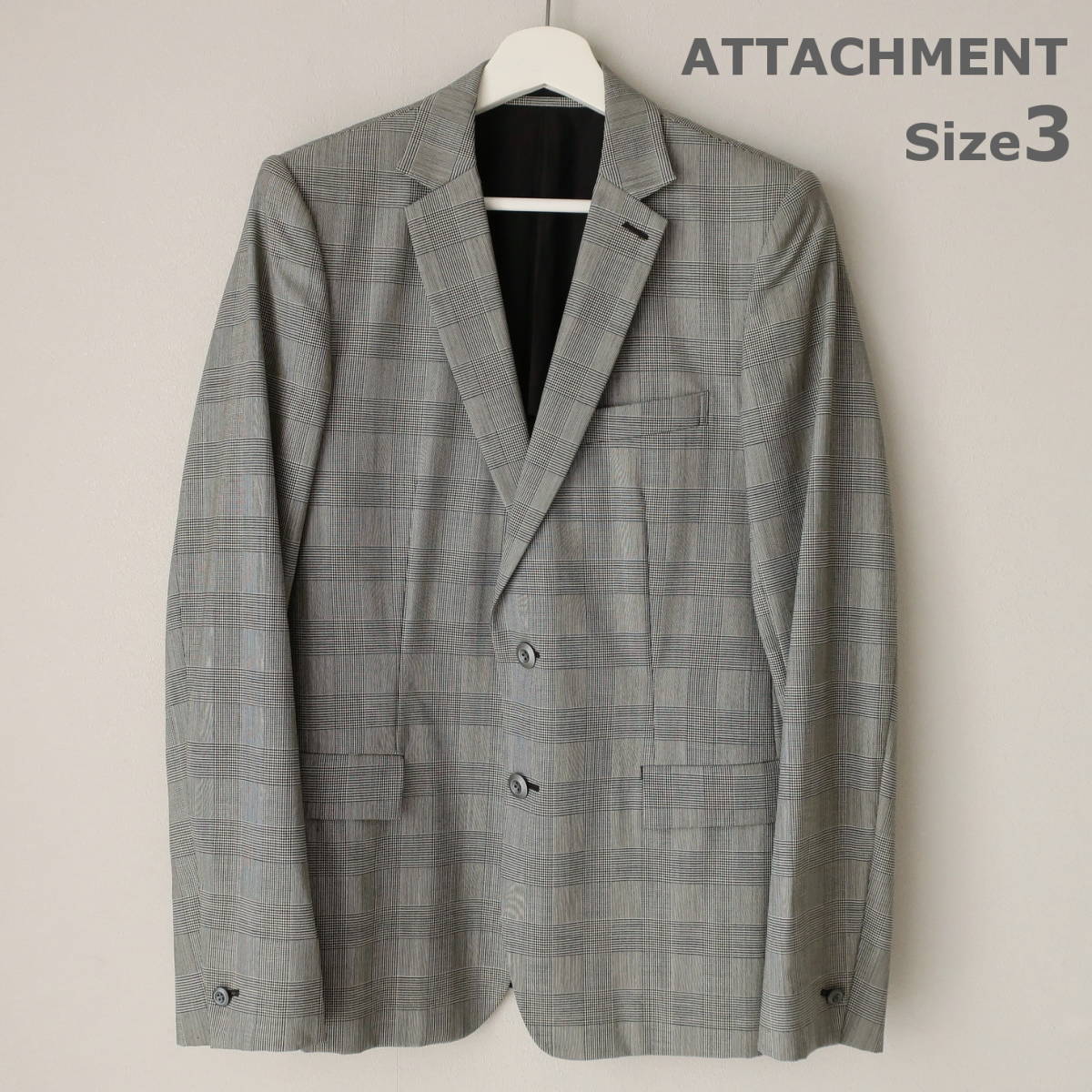 中古美品 ATTACHMENT アタッチメント テーラードジャケット 日本製 ウール100% ブレザー グレンチェック グレー メンズ サイズ３ Lサイズ 