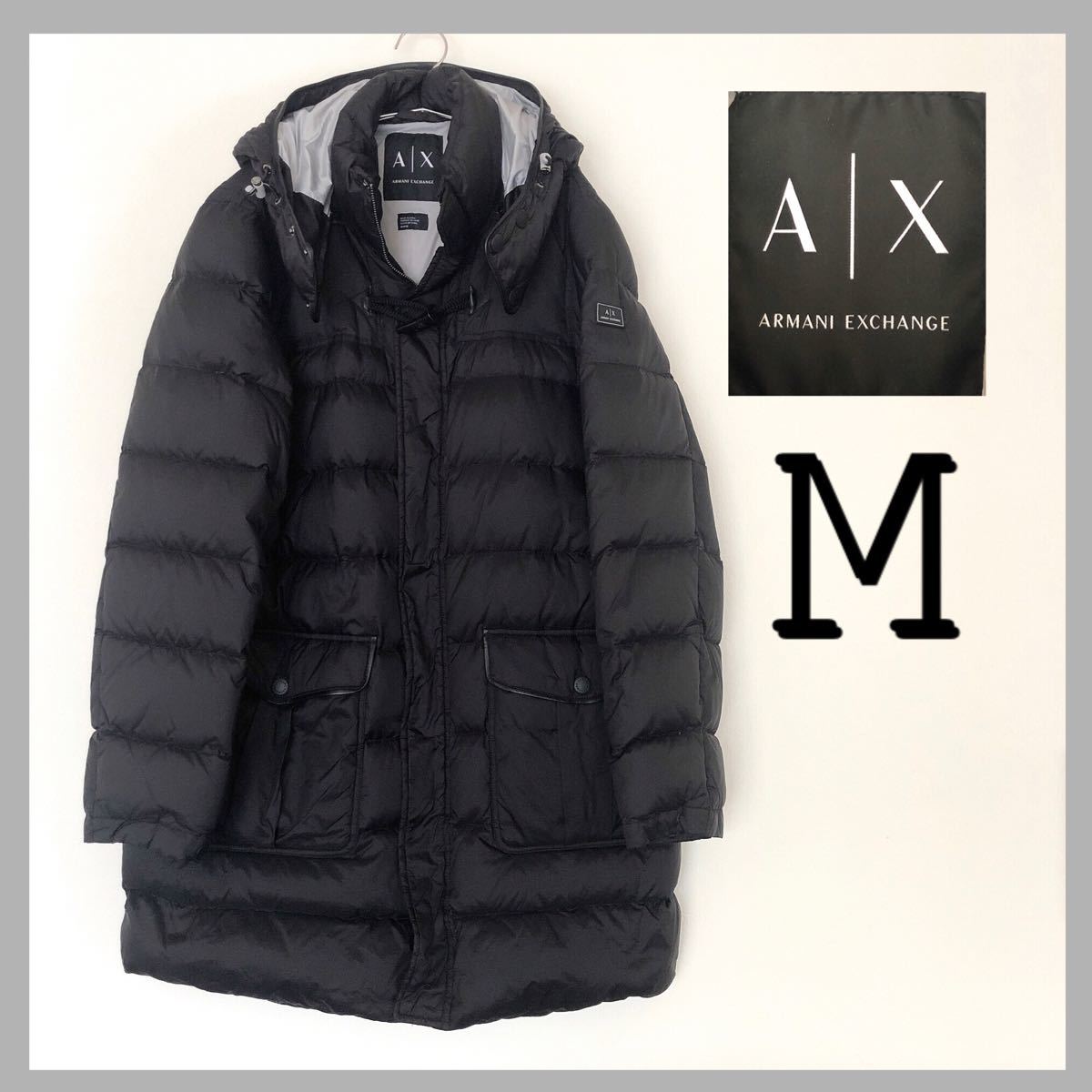 美品！アルマーニエクスチェンジ 【M】 ダウンコート ブラック 黒 ARMANI EXCHANGE ダウンジャケット フード付き 