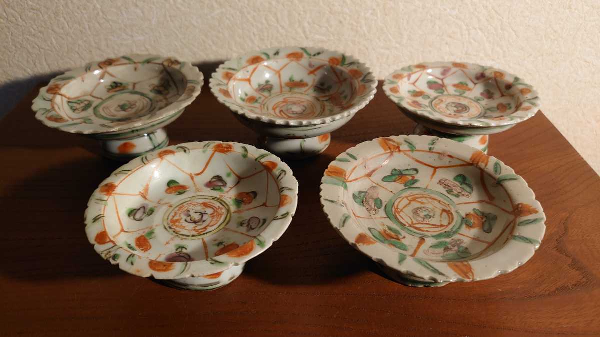 古伊万里 伊万里 色絵 赤絵 呉須 台皿 輪華皿 古玩 明朝 唐 5客