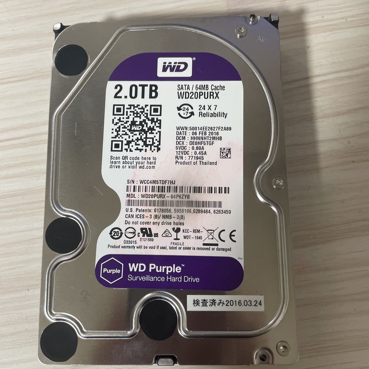 Y275:（動作ジャンク注意品/AVコマンド対応可能/使用16395時間）条件付き送料無料 WD20PURX-64P6ZY0 HDD Purple 2TB 3.5インチ SATA HDD_画像1