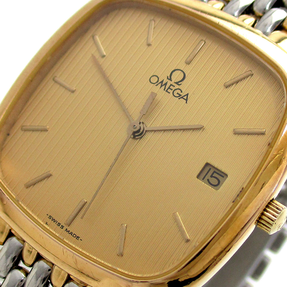 驚きの値段 メンズ コンビ ゴールド クッションスクエア デビル 時計 オメガ ゴールド文字盤 腕時計 デ・ヴィル デヴィル デ・ビル deville OMEGA デビル