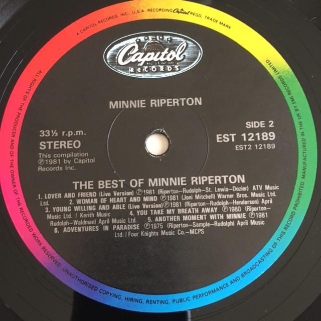 【UKオリジナル】Minnie Riperton/ The Best Of Minnie Riperton/Capitol/EST 1218/両面マト１！/貴重UKベスト/ミニーの画像4