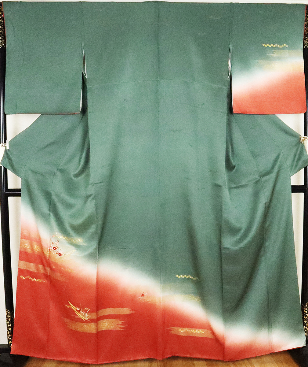 訪問着 正絹 緑 赤 暈し 刺繍 花 舟 Lサイズ ki20218 美品 公式行事 送料無料 リサイクル 中古