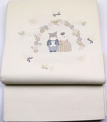 お洒落訪問着用 西陣織袋帯 正絹 クリーム 猫の結婚式 Lサイズ F4269 新品 お出かけ用 送料無料