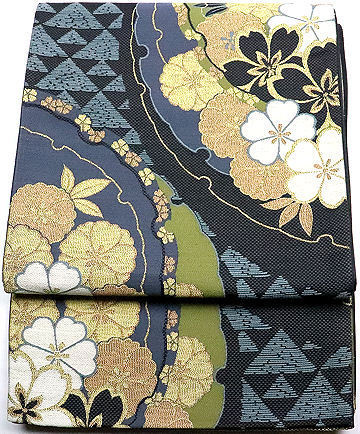 日本最大の LLサイズ 紺 緑 雪輪紋 桜 八尺紋 LONGSIZE Uarig 正絹 袋帯 振袖用 F4206 送料無料 公式行事 ロングサイズ 新品 仕立て上がり