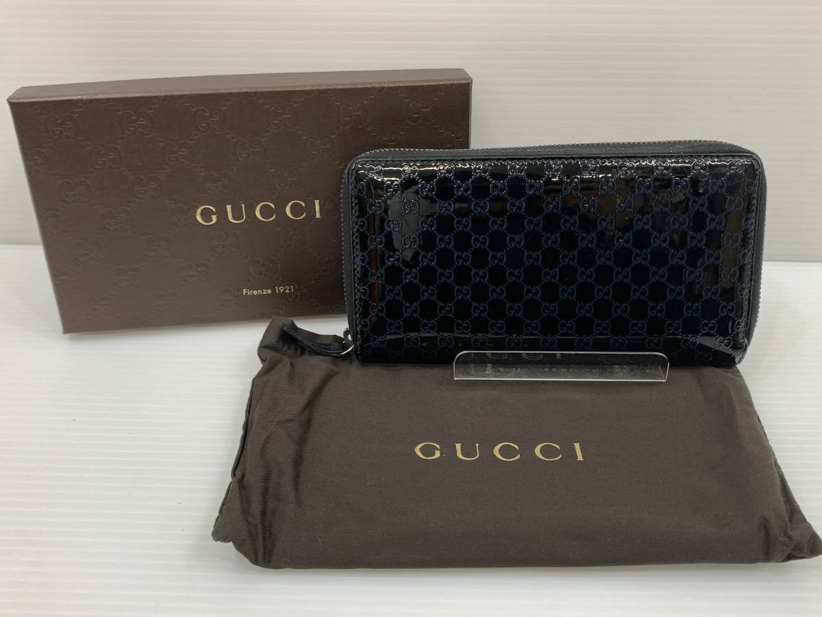 □GUCCIグッチ メンズ ラウンドファスナー長財布 マイクログッチシマ 307987 USED□