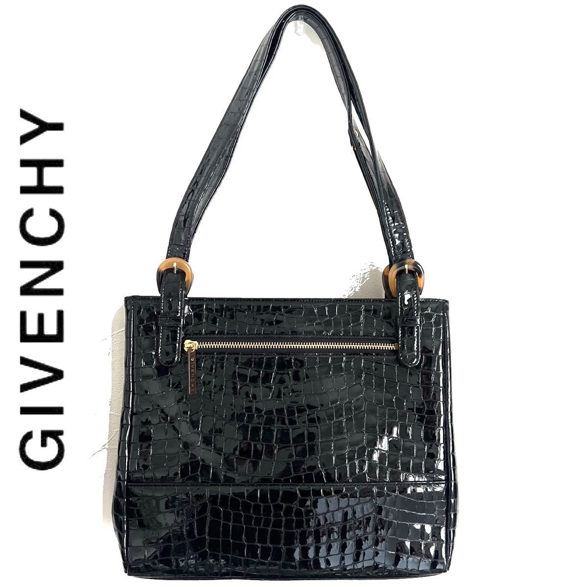 GIVENCHY ジバンシー クロコ型押し トートバッグ 肩掛け エナメル 黒-