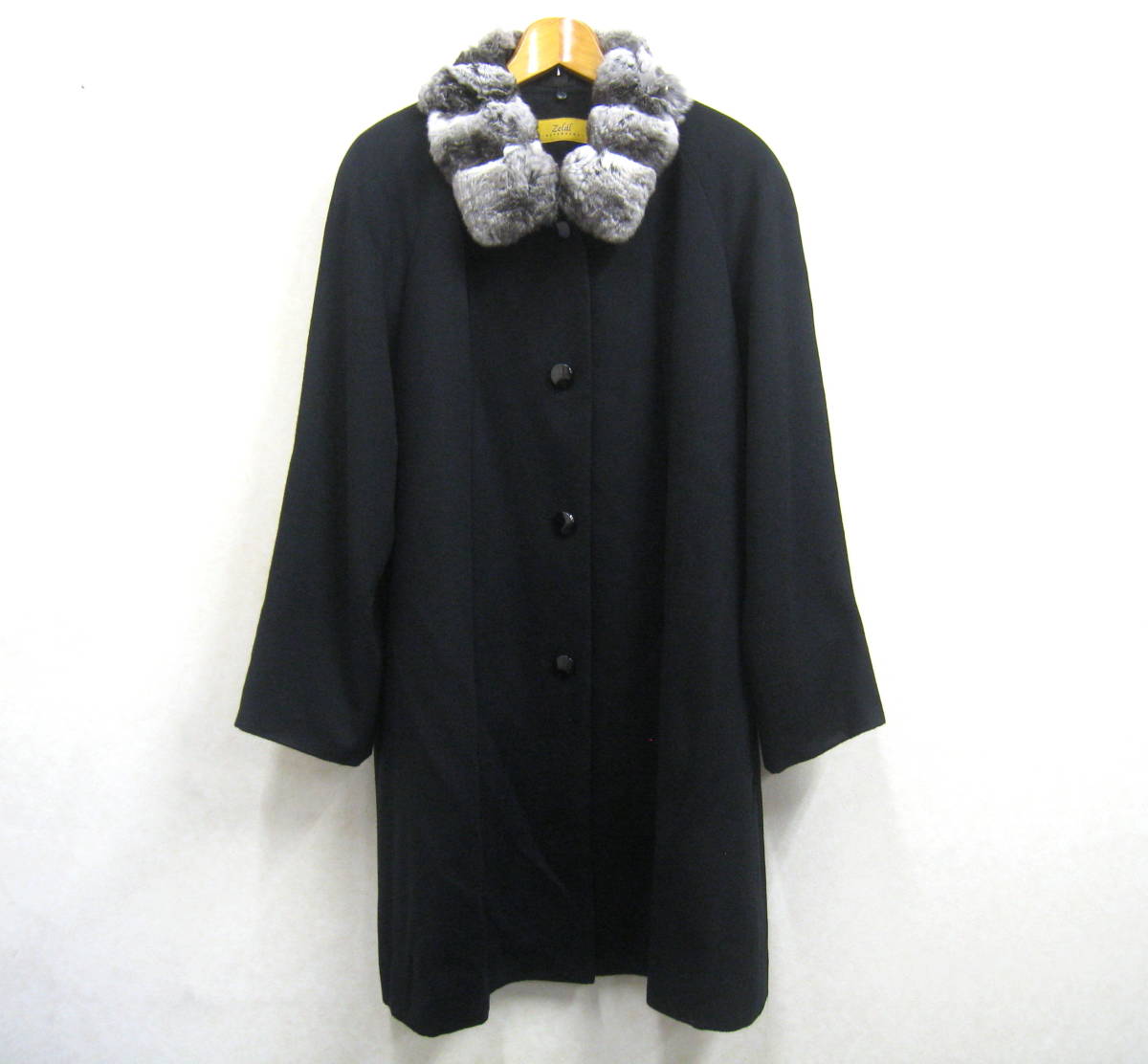 Zelal MOTOMACHI*zela-ru origin block chinchilla fur collar attaching cashmere × silk coat lady's large size 15AR black 