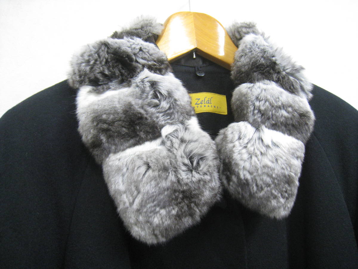 Zelal MOTOMACHI*zela-ru origin block chinchilla fur collar attaching cashmere × silk coat lady's large size 15AR black 