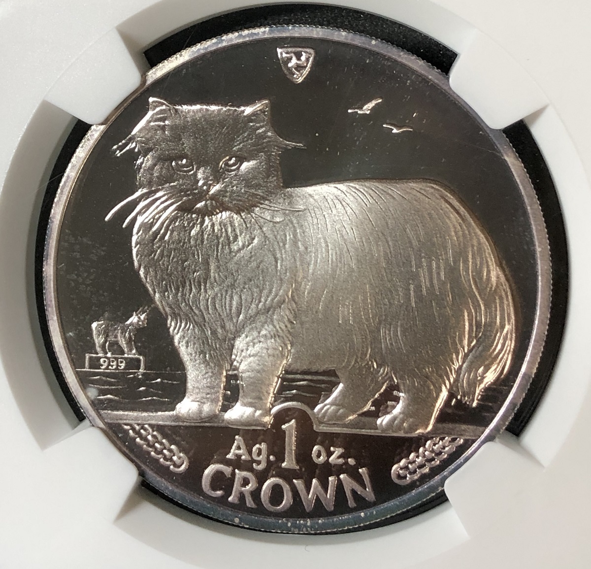 【大人気 キャット 銀貨】1989年 イギリス領 マン島 銀貨 ペルシャ猫 1クラウン NGC PF69UC プルーフ 準最高鑑定 ネコ ねこ Cat シルバー_画像1