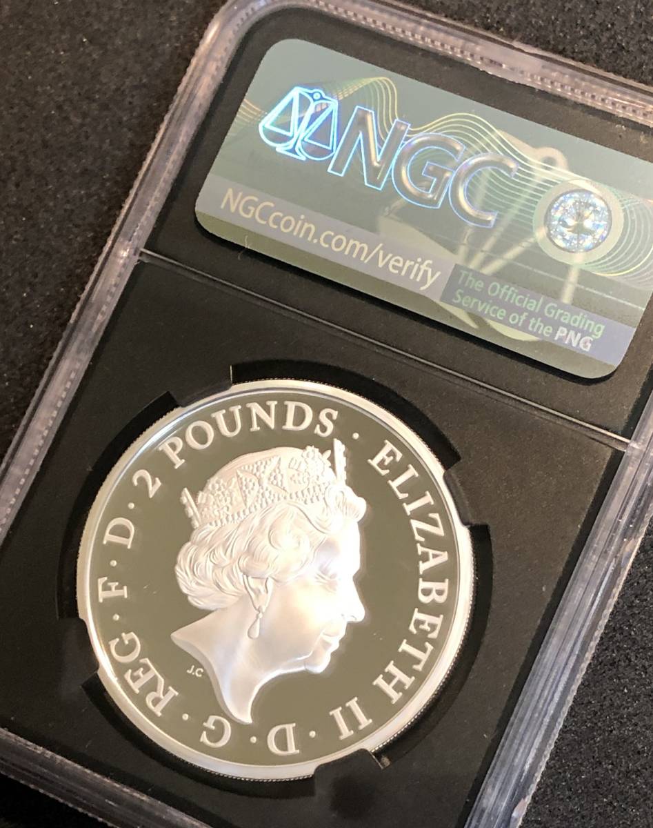 【美しい龍の銀貨】 2018 イギリス エリザベス2世 ツードラゴン 2ポンド 1オンス NGC PF70UC 最高鑑定 ２匹の龍 プルーフ シルバー コイン_画像2