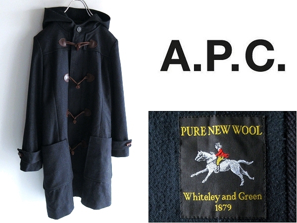 A.P.C. アーペーセー レザー紐トグル スコットランド製生地使用 ウールヘリンボーン ダッフルコート S 紺 ネイビー 英国製生地 国内正規品