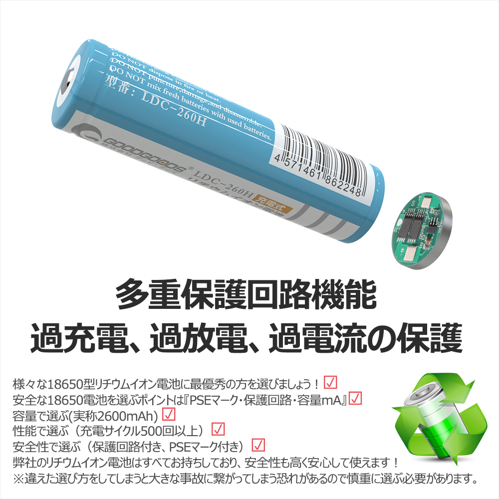 GOODGOODS 18650充電池 リチウムイオンバッテリー 18650 PSE認証 多重保護回路付き 過充電保護 2600mAh 懐中電灯 防災 ランタン LDC-260H_画像4