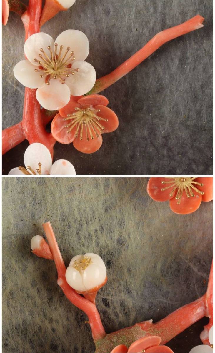 名工 前川泰山 作 天然珊瑚 彫刻 額装 共箱 骨董 コーラル 血赤珊瑚 壁