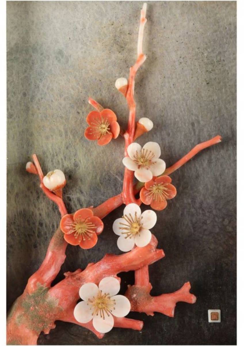 名工 前川泰山 作 天然珊瑚 彫刻 額装 共箱 骨董 コーラル 血赤珊瑚 壁