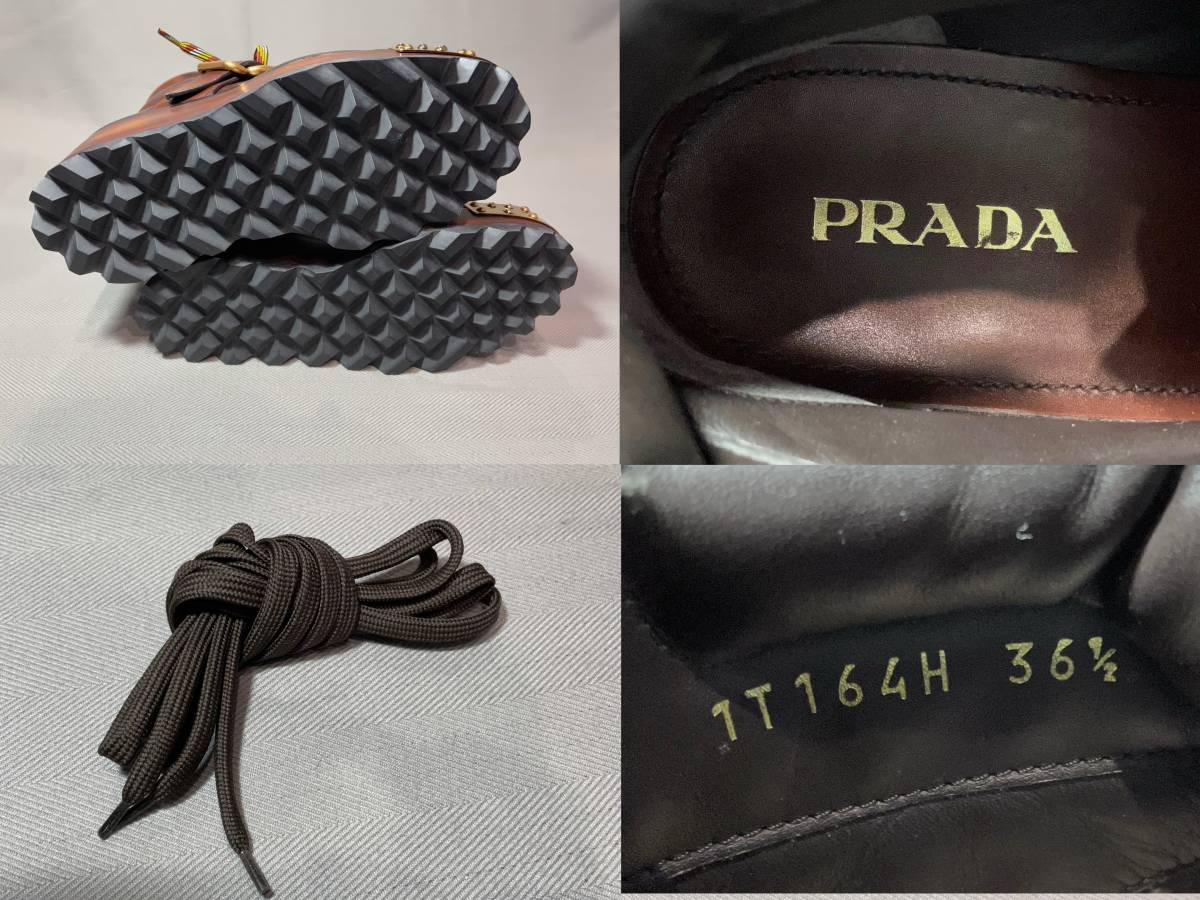 新品 プラダ ラバー コーティング レザー ショート ブーツ 36.5 prada シューズ 靴 イエロー ブラウン コレクション パンプス