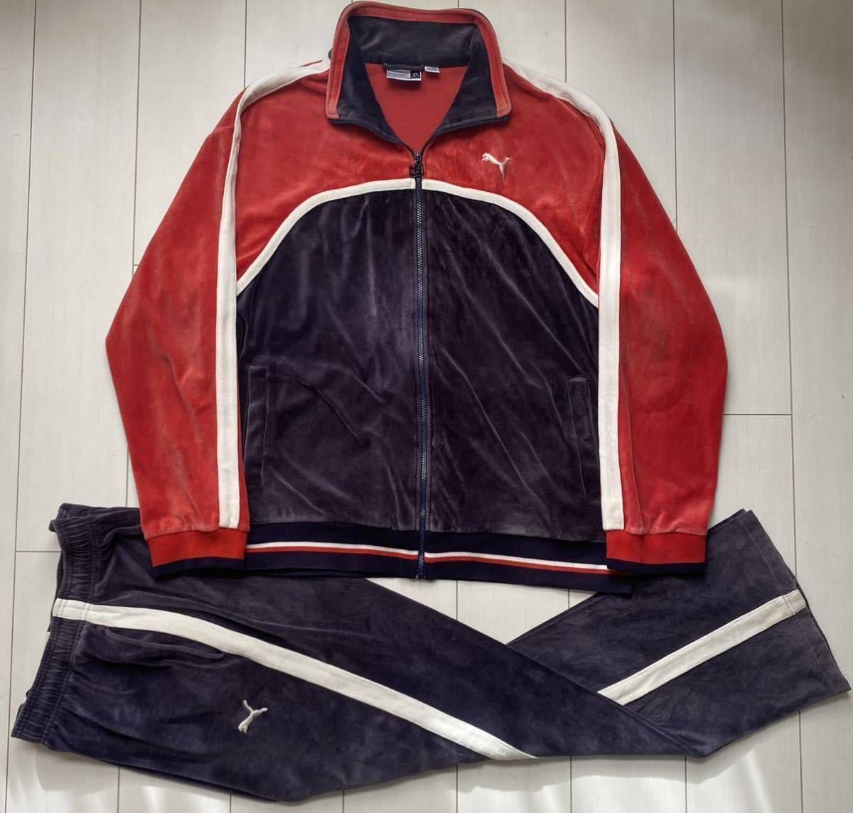 送料無料 90s PUMA プーマ velours ベロア SET UP セット アップ 上下 ジャージ トラックスーツ ジャケット パンツ XL  navy ネイビー 赤 紺