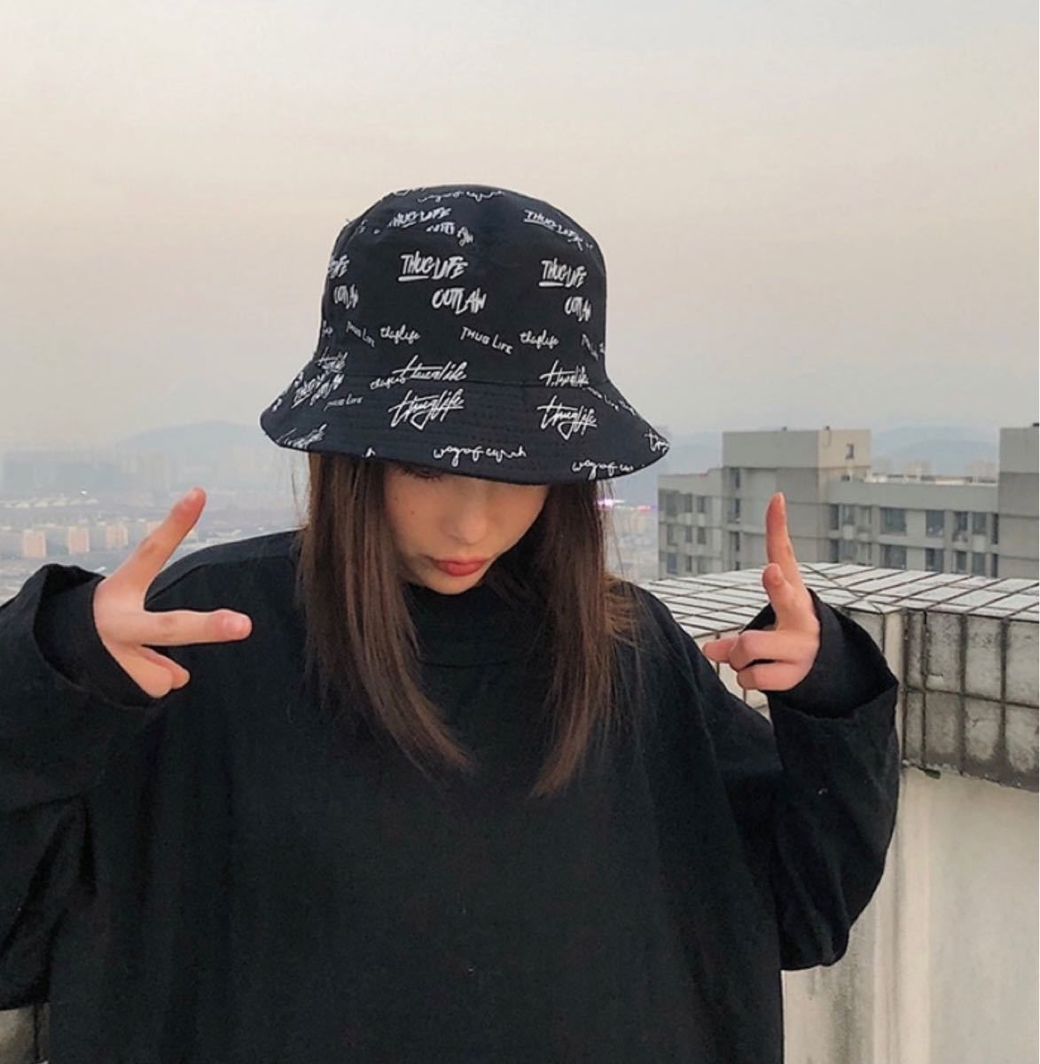 バケットハット 黒 リバーシブル帽子 ストリート ロゴ メンズ レディース 韓国 通販