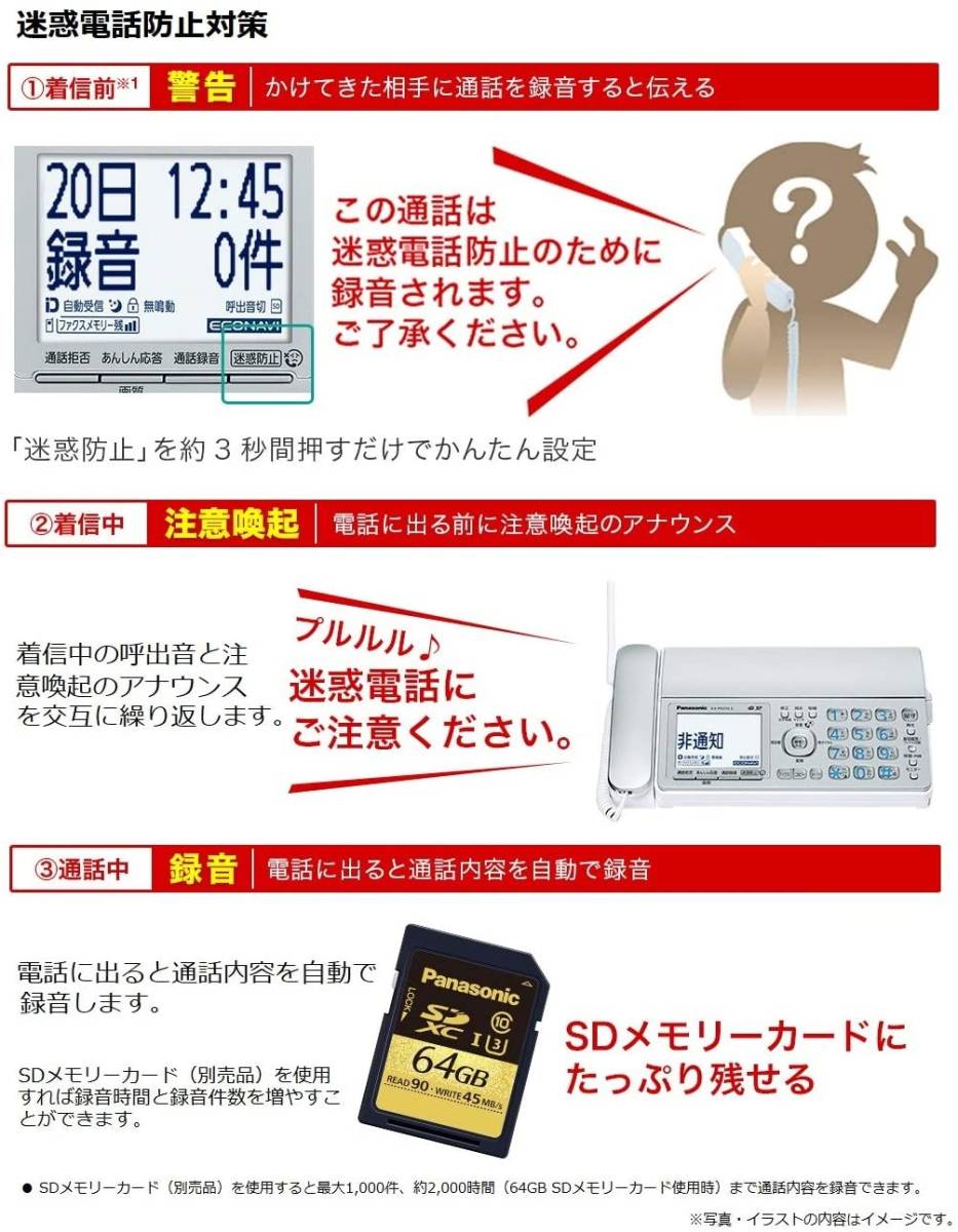 警告メッセージを流す 通話内容を自動で録音 不在着信履歴を表示 警告メッセージを流す 通話内容を自動で録音 不在着信履歴を表示