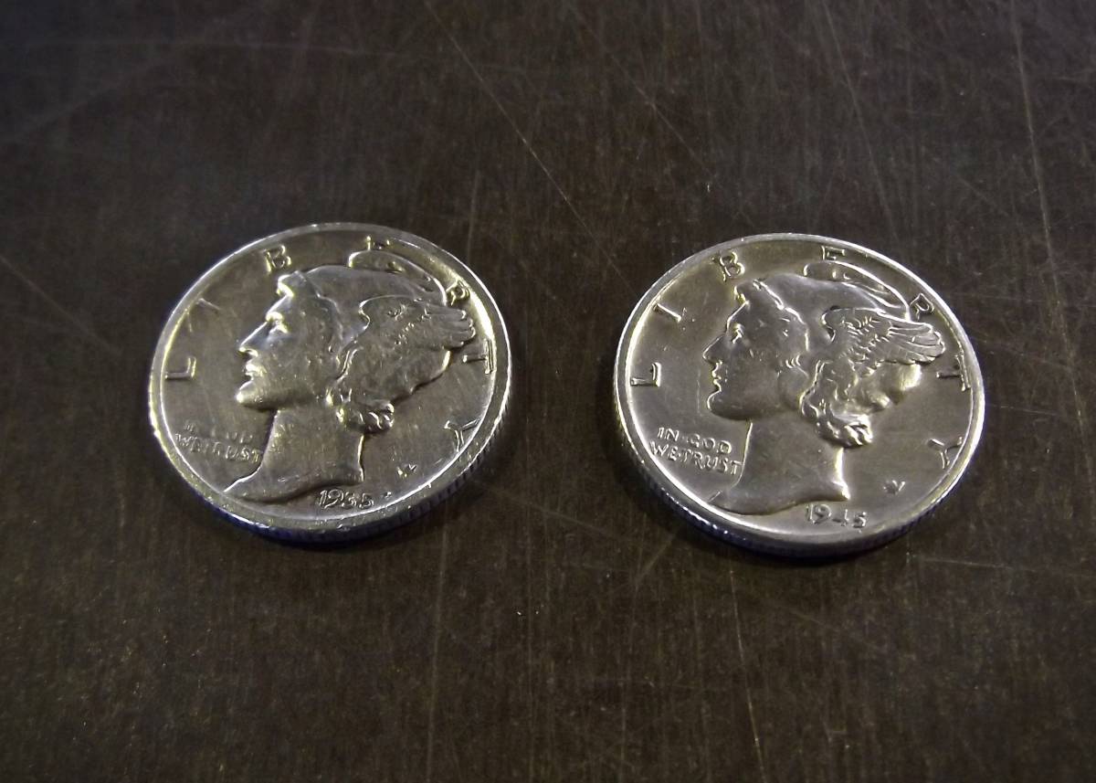 アメリカ銀貨 (1935年 1945年）2枚セット　マーキュリーダイム10セント銀貨 送料無料（12454）シルバー900　USA貨幣