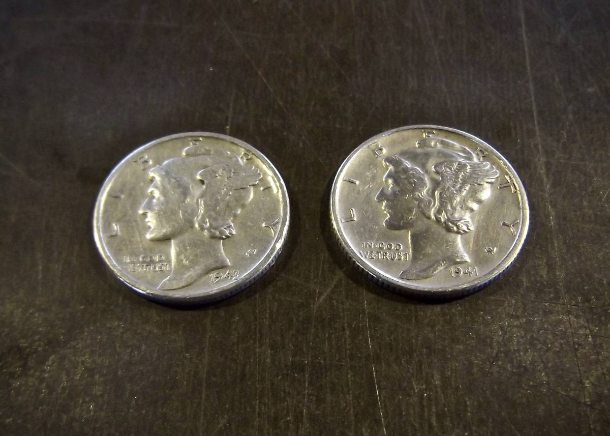 アメリカ銀貨 1943年 1941年 2枚セット マーキュリーダイム10セント銀貨 12464 シルバー900 USA貨幣(北アメリカ)｜売買