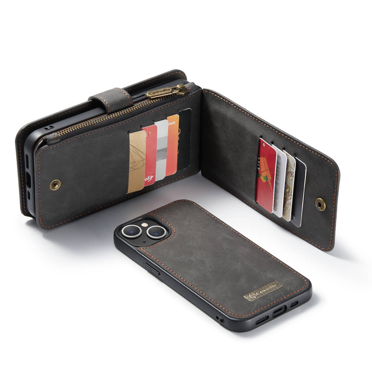 iPhone 13 mini レザーケース iPhone13 mini ケース アイフォン13 ミニ カバー 手帳型 カード収納 ファスナー付き 財布型 ブラック1_画像7