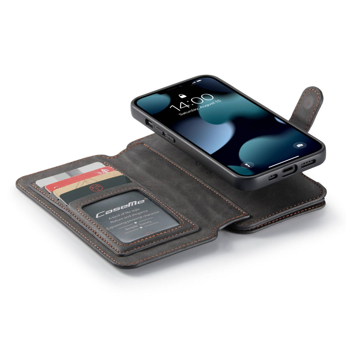 iPhone 13 mini レザーケース iPhone13 mini ケース アイフォン13 ミニ カバー 手帳型 カード収納 ファスナー付き 財布型 ブラック1_画像3