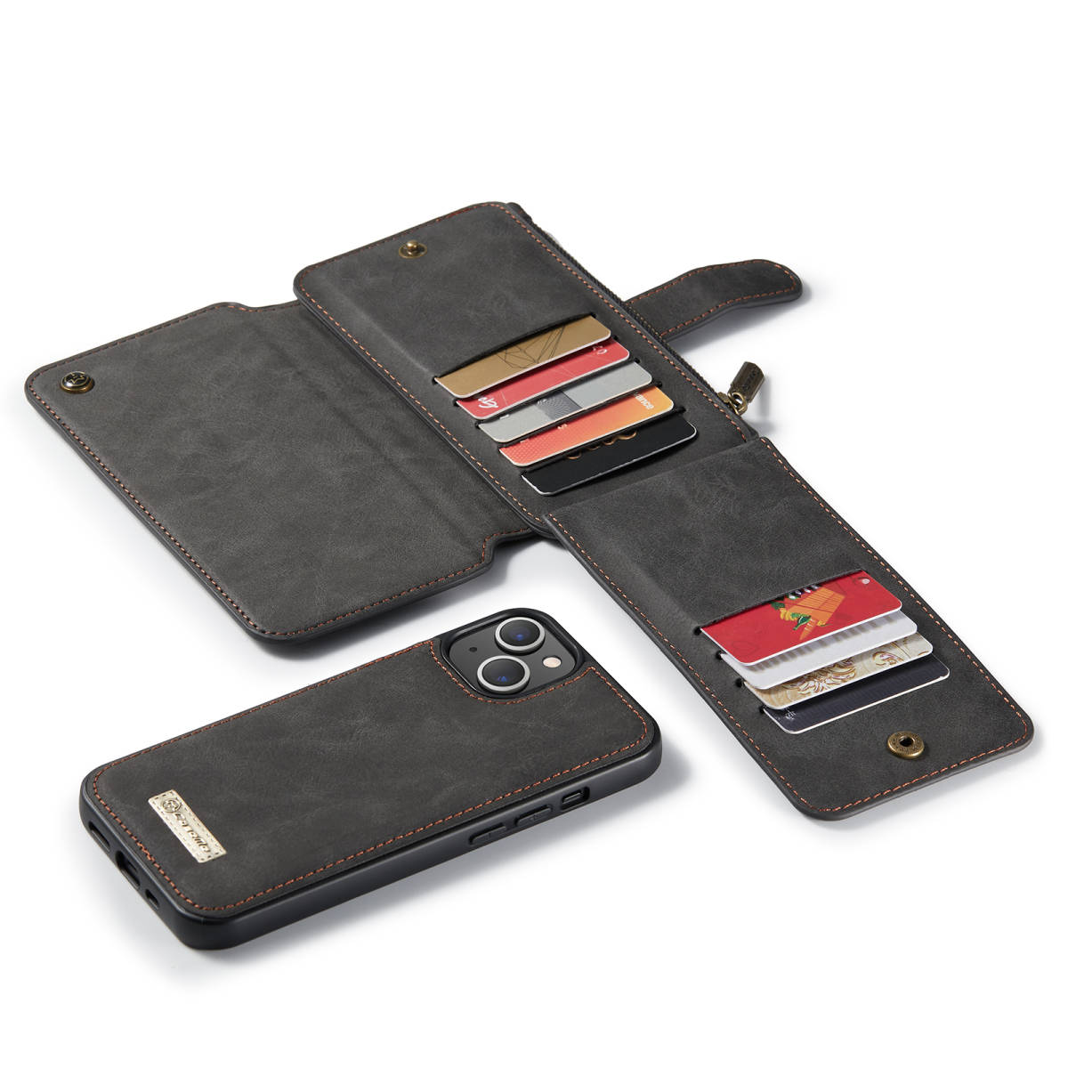 iPhone 13 mini レザーケース iPhone13 mini ケース アイフォン13 ミニ カバー 手帳型 カード収納 ファスナー付き 財布型 ブラック1_画像6