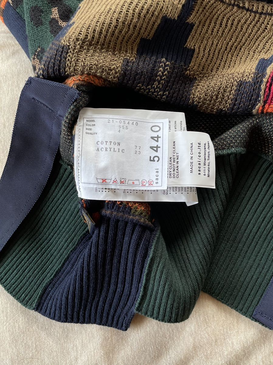 4新品 sacai レディース パッチワーク ニット シャツ 総柄 切り替え ハイネック セーター 21SS size 4 L サカイ 長袖  ダークネイビー