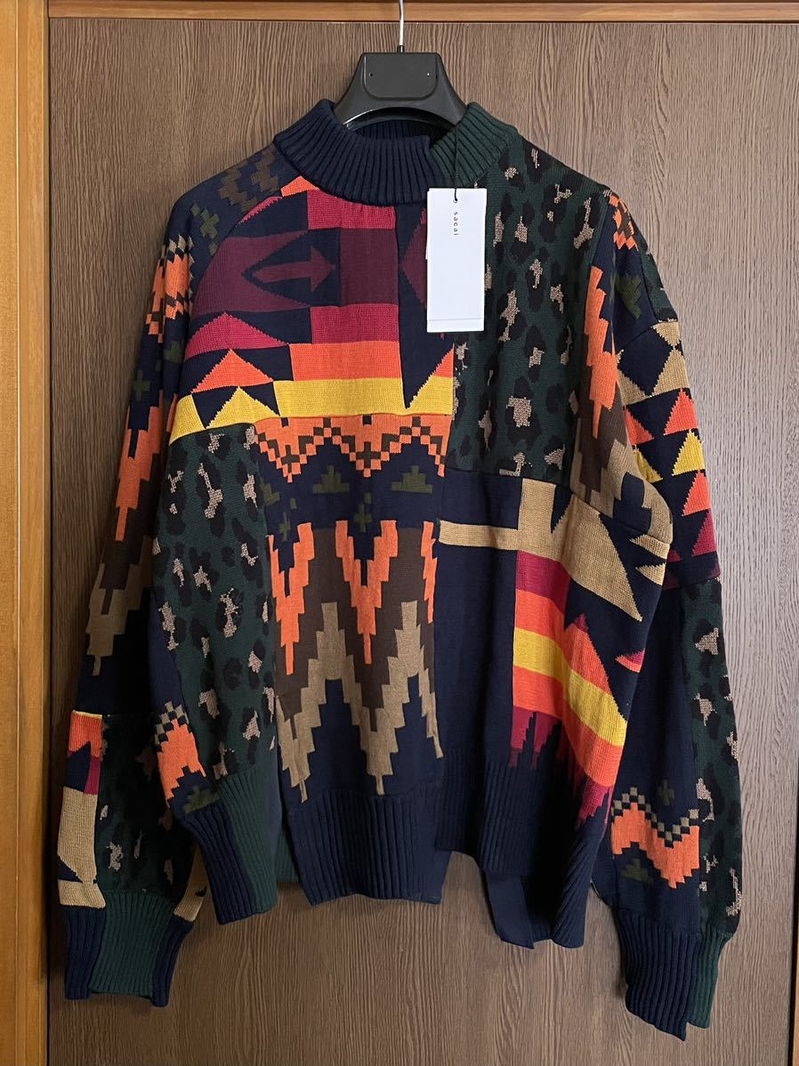 4新品 sacai レディース パッチワーク ニット シャツ 総柄 切り替え ハイネック セーター 21SS size 4 L サカイ 長袖  ダークネイビー