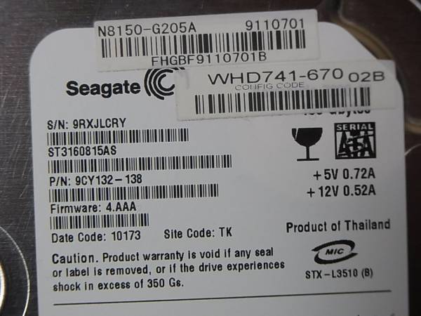 ●Seagate ST3160815AS 160G SATA300/7200rpm/8M/薄型/動作良好(IH488S)_画像3