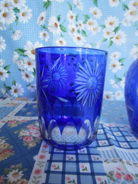 A　『切子　青色のグラス付き水指　（デキャンタ）～高さ１７ｃｍ』～箱なし～⑬