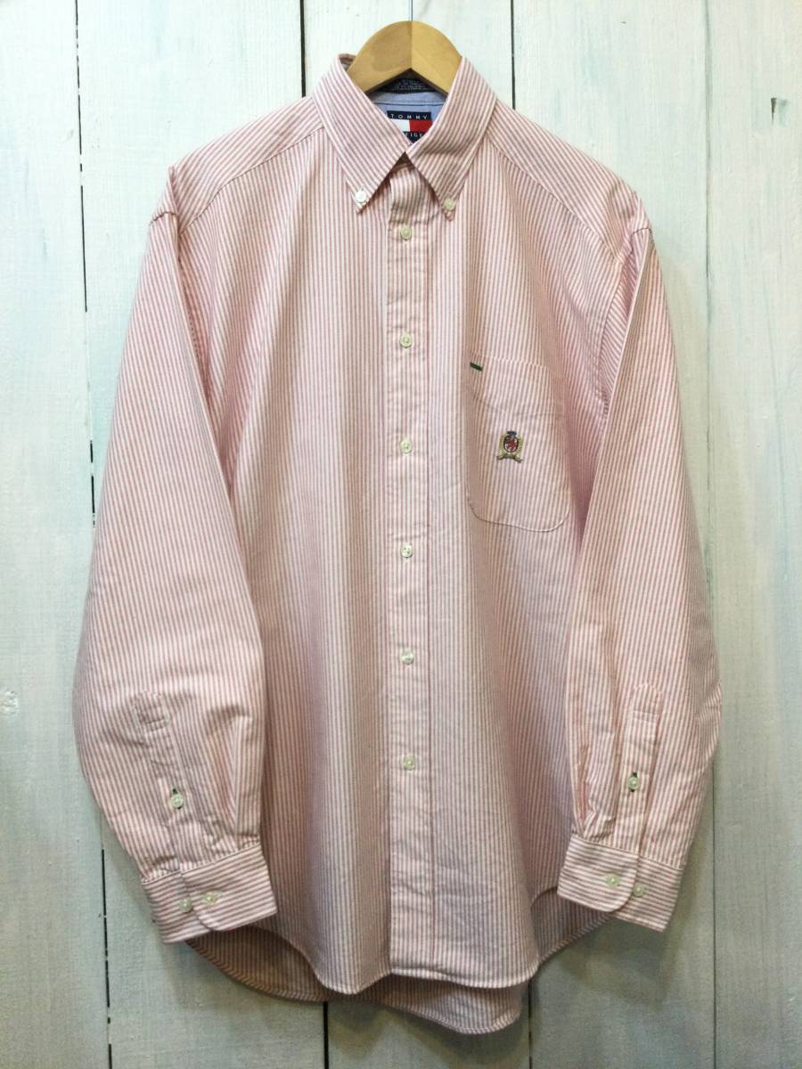 Tommy Hilflger トミー ヒルフィガー オックスフォードシャツ ストライプシャツ 胸ロゴ メンズS 大きめ 薄い赤系×白 良品綺麗の画像1