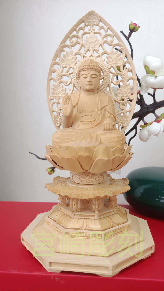 再再販！ 宮崎彫刻 薬師如来像 木彫 仏教美術 仏様 仏像 総檜材　仏教工芸品　木彫仏教　精密彫刻 仏像