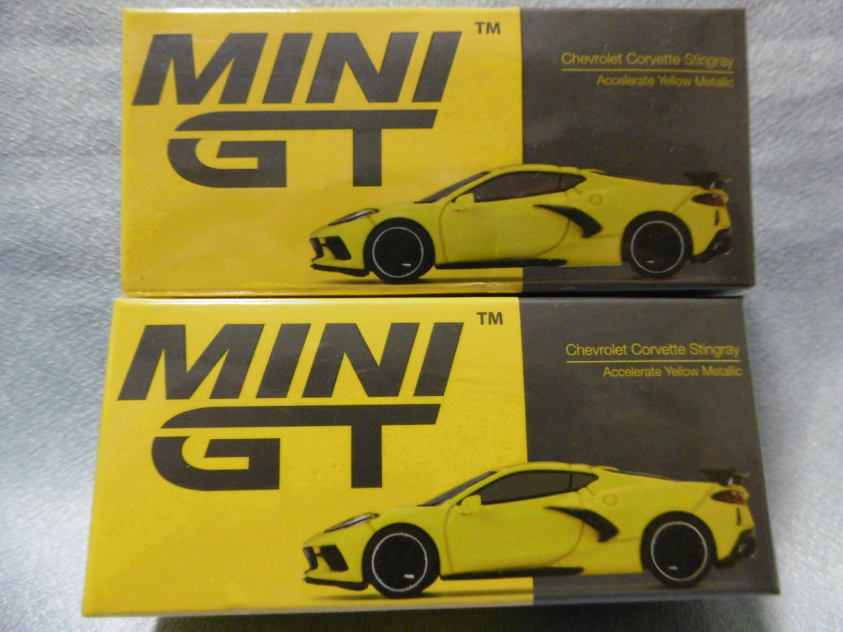 未開封新品 MINI GT 1/64 Chevrolet Corvette Stingray Accelerate Yellow Metallic 左右ハンドル 195 2台組 _画像1